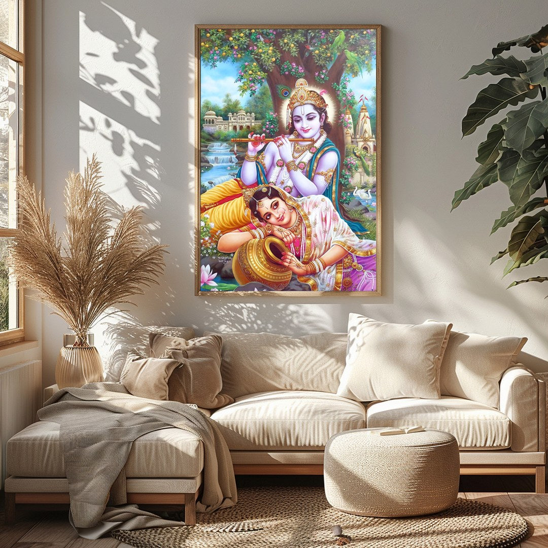 Immerse your space in the divine grace of Krishna and Radha, rendered in vibrant detail. This for Sitting Area