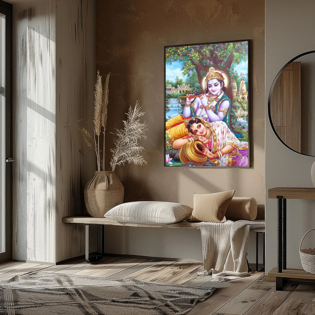 Immerse your space in the divine grace of Krishna and Radha, rendered in vibrant detail. This for studio