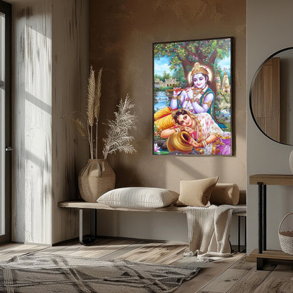 Immerse your space in the divine grace of Krishna and Radha, rendered in vibrant detail. This for studio