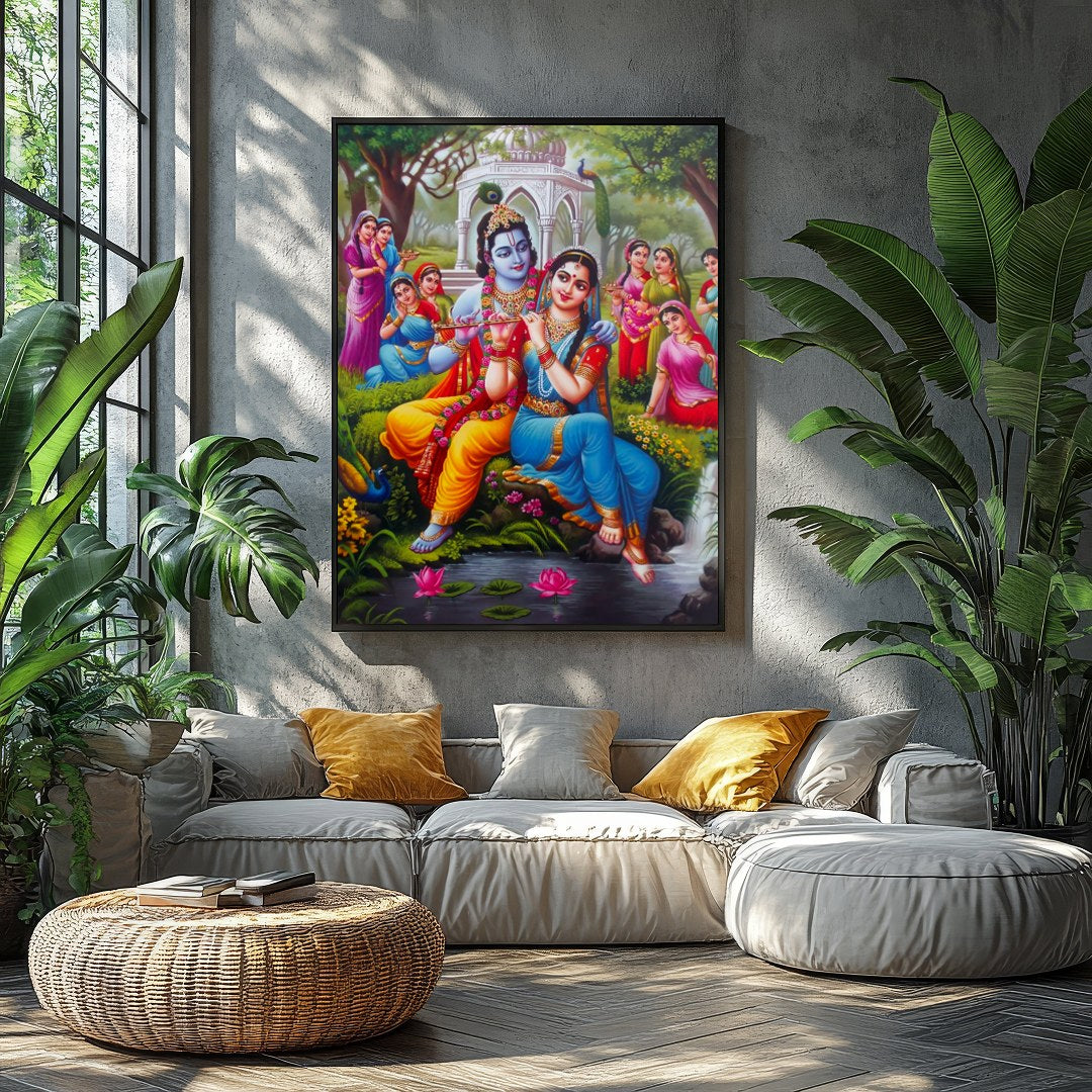 Immerse yourself in the serene beauty of this artwork portraying Krishna and Radha in a lush garden for Balcony