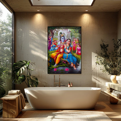 Immerse yourself in the serene beauty of this artwork portraying Krishna and Radha in a lush garden for Bathroom