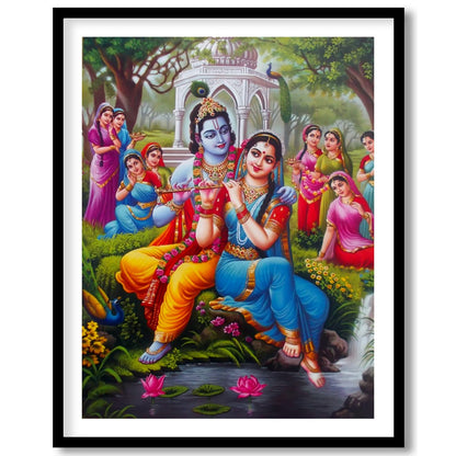 Immerse yourself in the serene beauty of this artwork portraying Krishna and Radha in a lush garden for dwelling