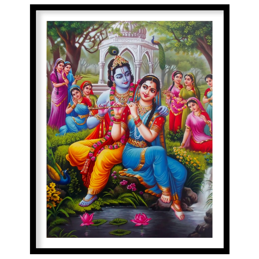 Immerse yourself in the serene beauty of this artwork portraying Krishna and Radha in a lush garden for dwelling