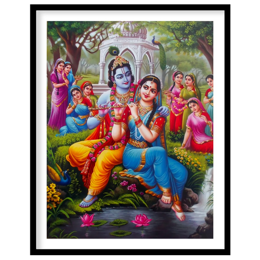 Immerse yourself in the serene beauty of this artwork portraying Krishna and Radha in a lush garden for dwelling