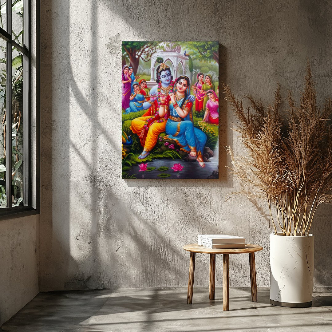 Immerse yourself in the serene beauty of this artwork portraying Krishna and Radha in a lush garden for Entrance