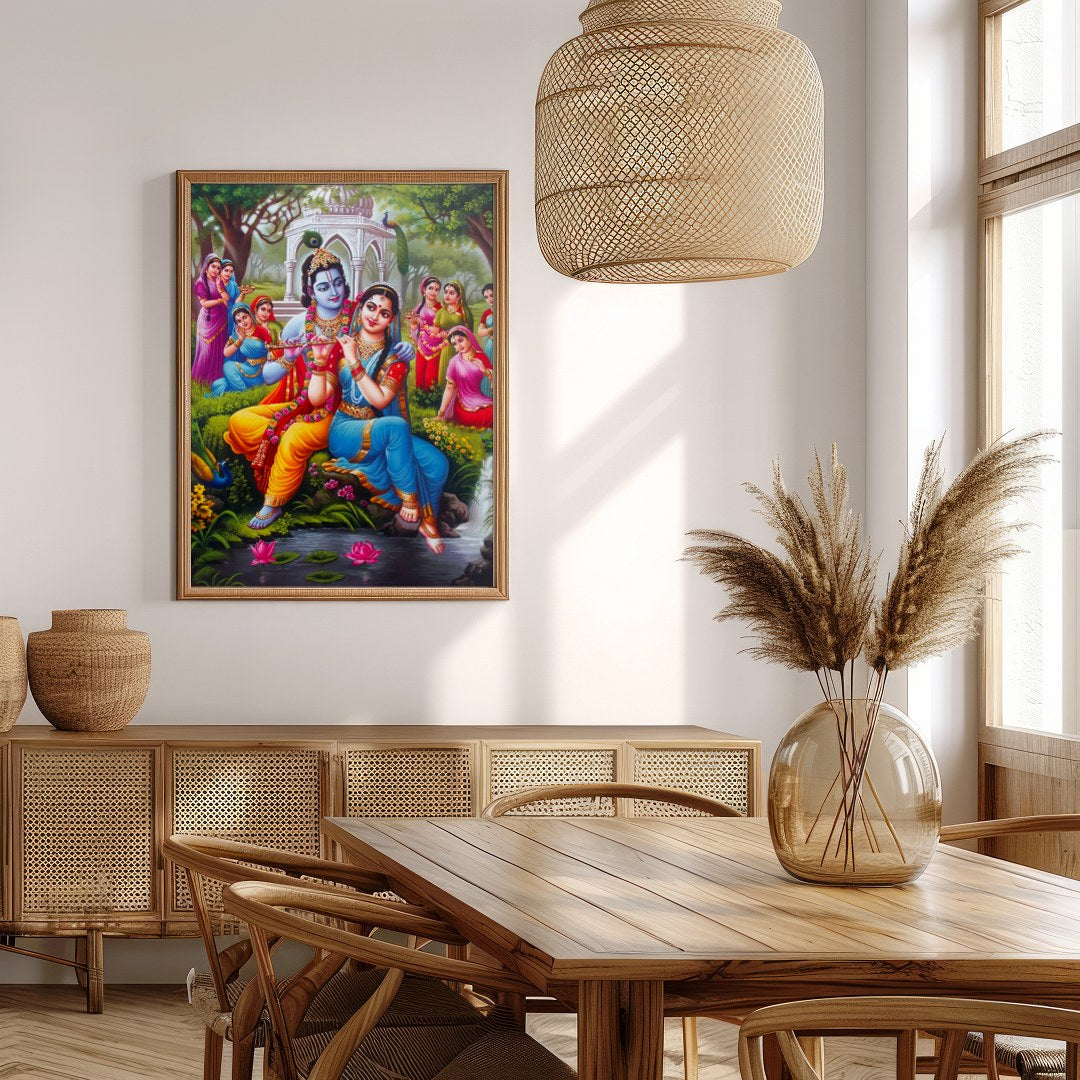 Immerse yourself in the serene beauty of this artwork portraying Krishna and Radha in a lush garden for Extra Kitchen