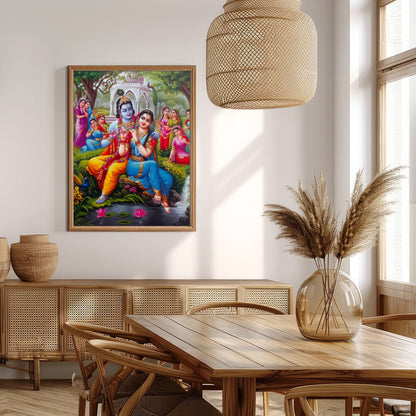 Immerse yourself in the serene beauty of this artwork portraying Krishna and Radha in a lush garden for Extra Kitchen