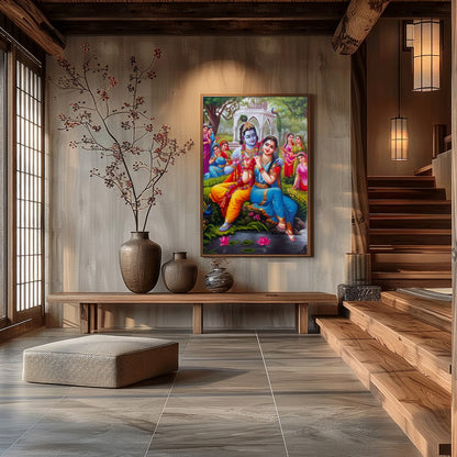 Immerse yourself in the serene beauty of this artwork portraying Krishna and Radha in a lush garden for Hall