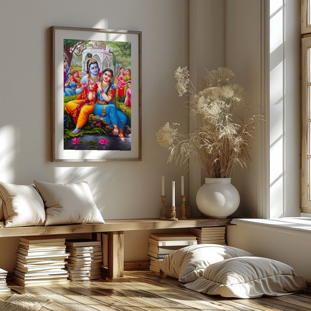 Immerse yourself in the serene beauty of this artwork portraying Krishna and Radha in a lush garden for house