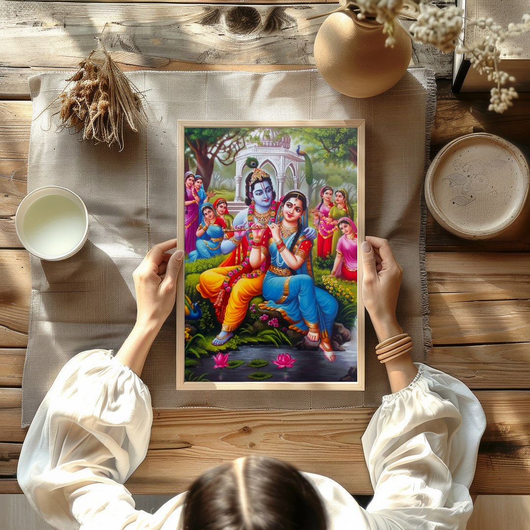 Immerse yourself in the serene beauty of this artwork portraying Krishna and Radha in a lush garden for Kitchen