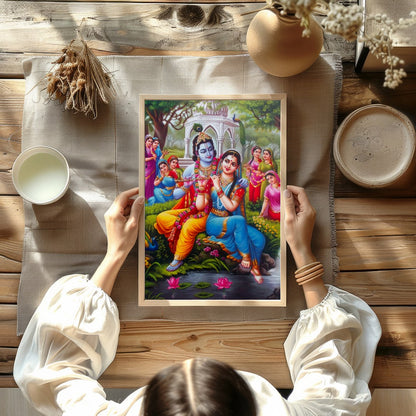 Immerse yourself in the serene beauty of this artwork portraying Krishna and Radha in a lush garden for Kitchen