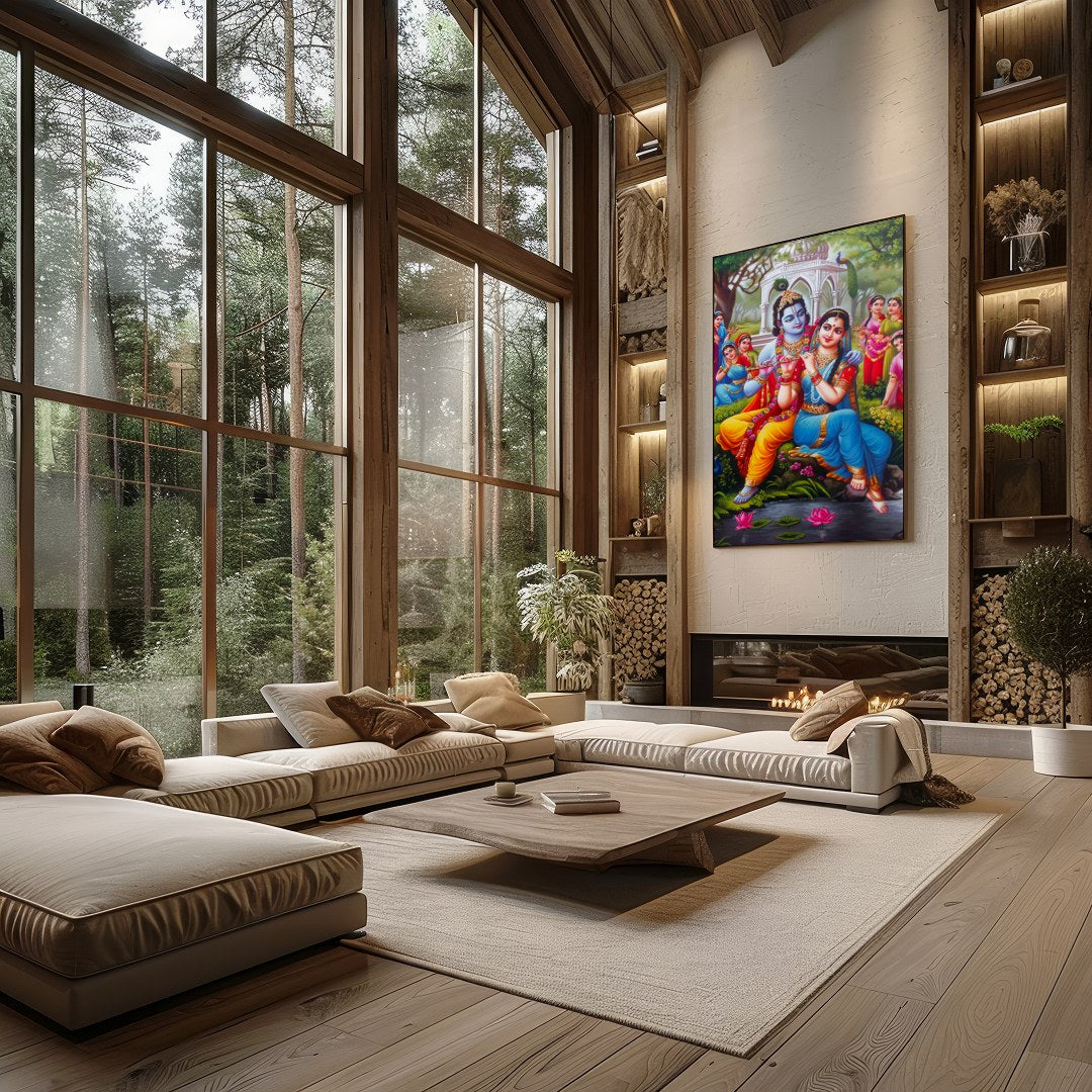 Immerse yourself in the serene beauty of this artwork portraying Krishna and Radha in a lush garden for Living Room