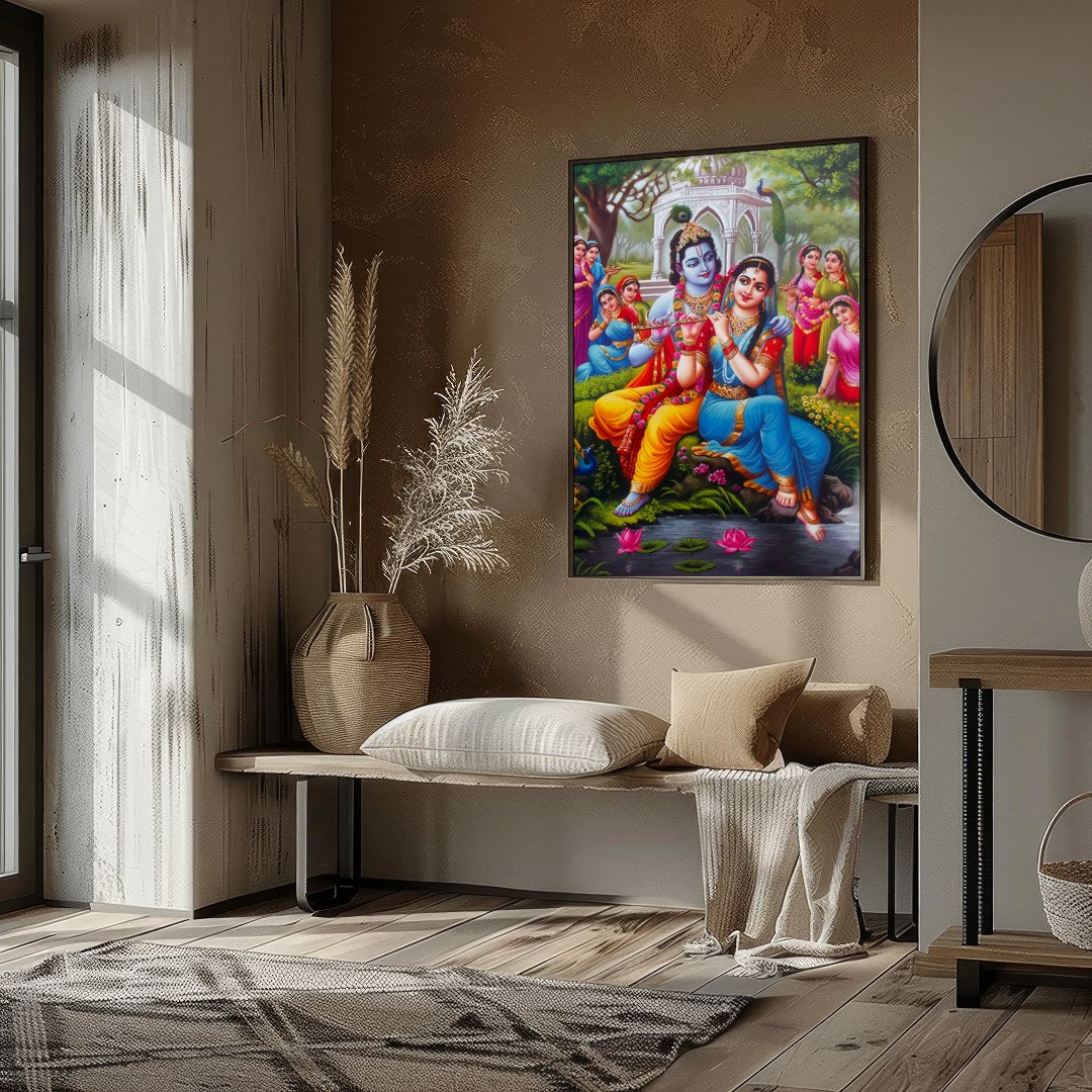 Immerse yourself in the serene beauty of this artwork portraying Krishna and Radha in a lush garden for place