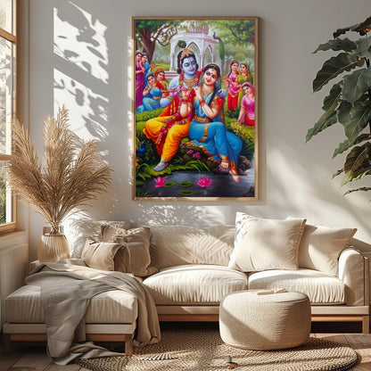 Immerse yourself in the serene beauty of this artwork portraying Krishna and Radha in a lush garden for Sitting Area