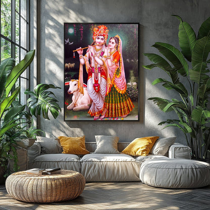 Immerse yourself in the serenity of this vibrant depiction of Krishna and Radha set against a for Balcony