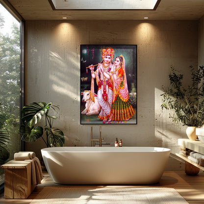 Immerse yourself in the serenity of this vibrant depiction of Krishna and Radha set against a for Bathroom