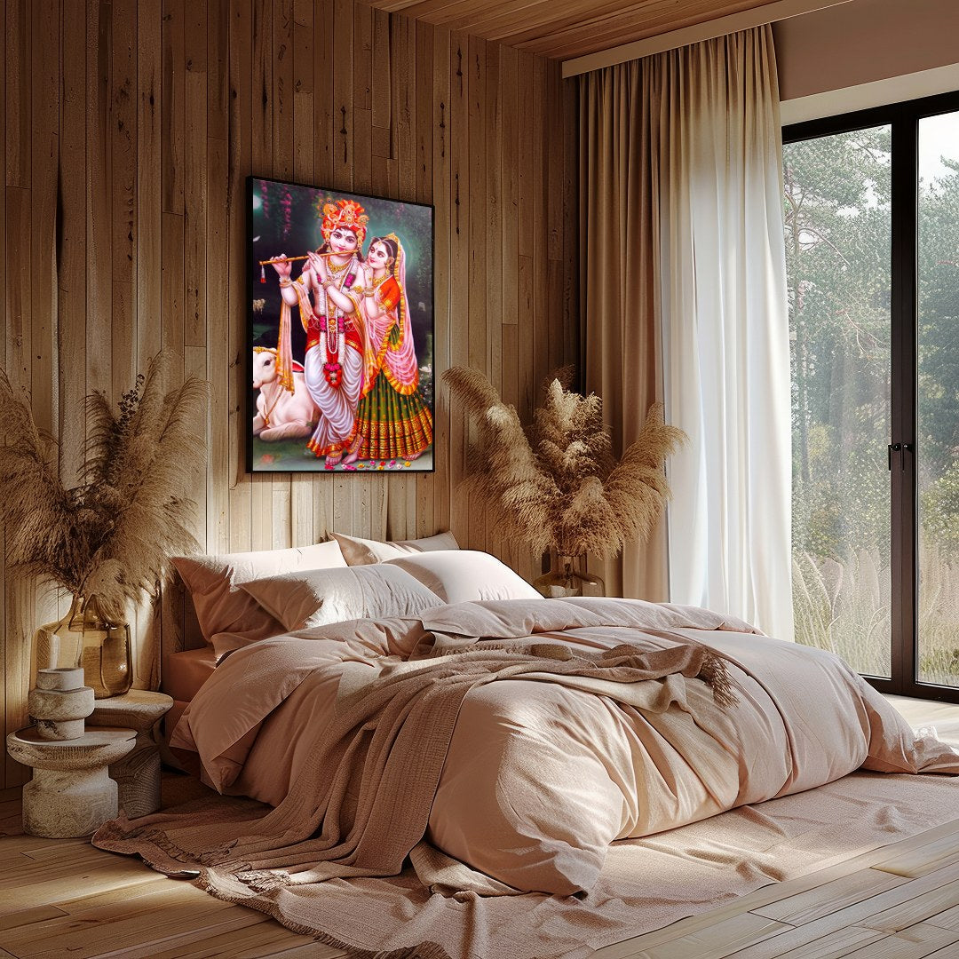 Immerse yourself in the serenity of this vibrant depiction of Krishna and Radha set against a for Bedroom