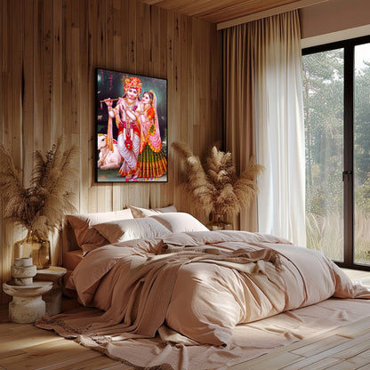 Immerse yourself in the serenity of this vibrant depiction of Krishna and Radha set against a for Bedroom