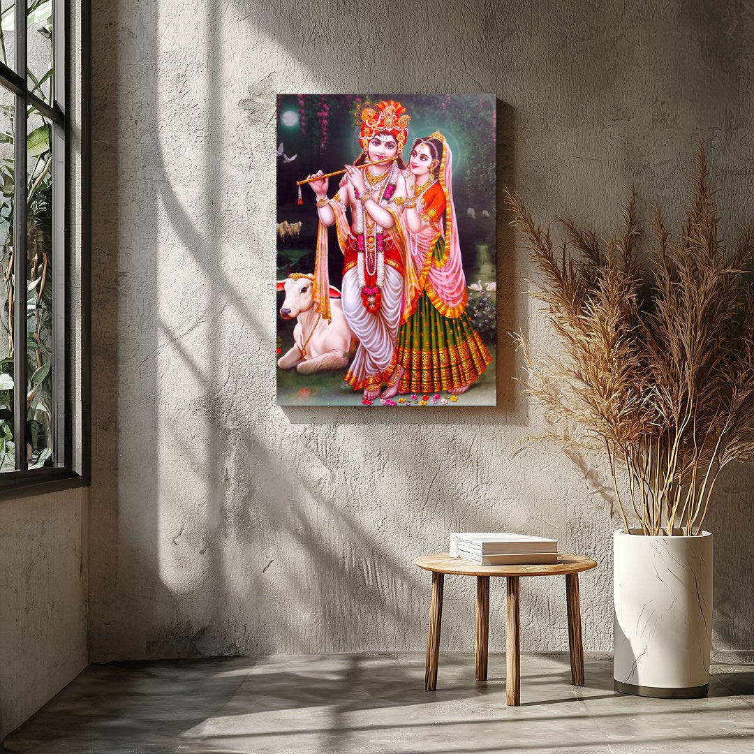 Immerse yourself in the serenity of this vibrant depiction of Krishna and Radha set against a for Entrance