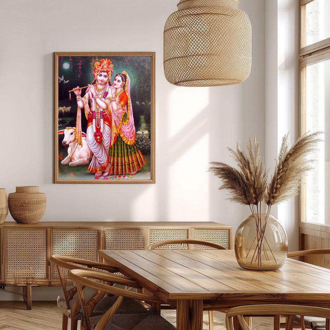 Immerse yourself in the serenity of this vibrant depiction of Krishna and Radha set against a for Extra Kitchen