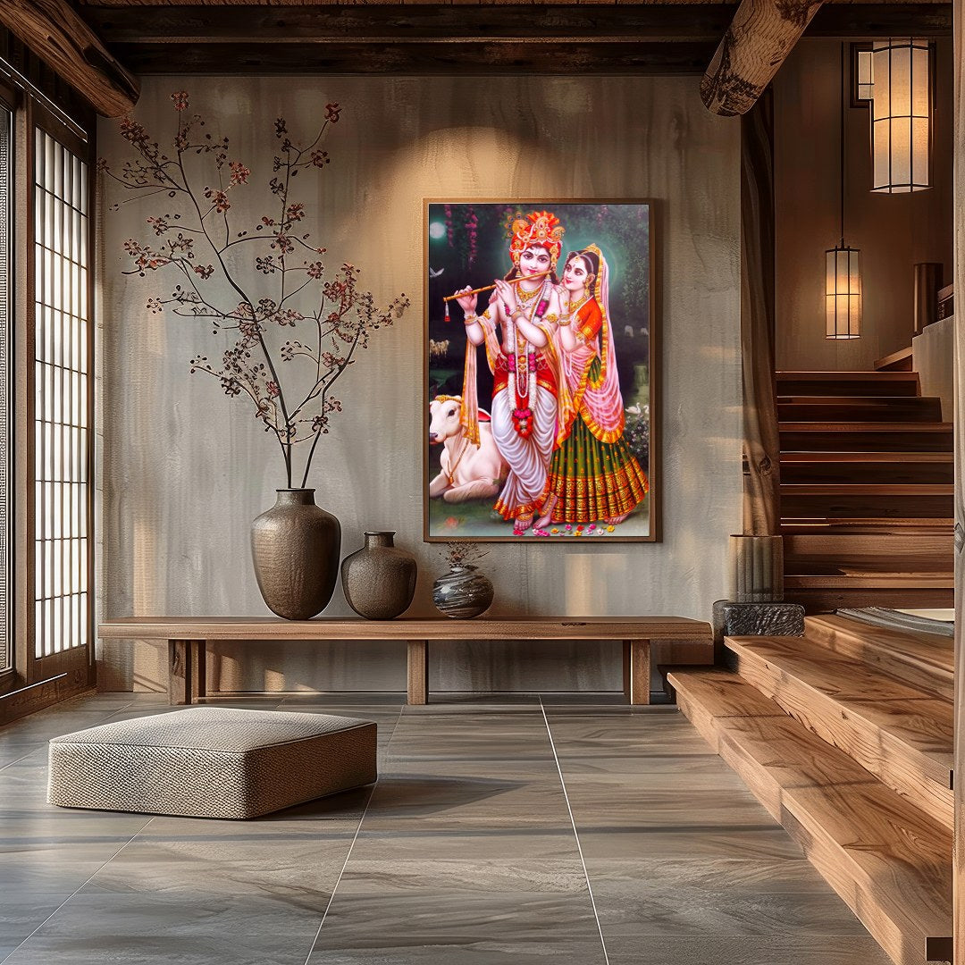 Immerse yourself in the serenity of this vibrant depiction of Krishna and Radha set against a for Hall