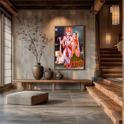 Immerse yourself in the serenity of this vibrant depiction of Krishna and Radha set against a for Hall