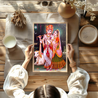 Immerse yourself in the serenity of this vibrant depiction of Krishna and Radha set against a for Kitchen