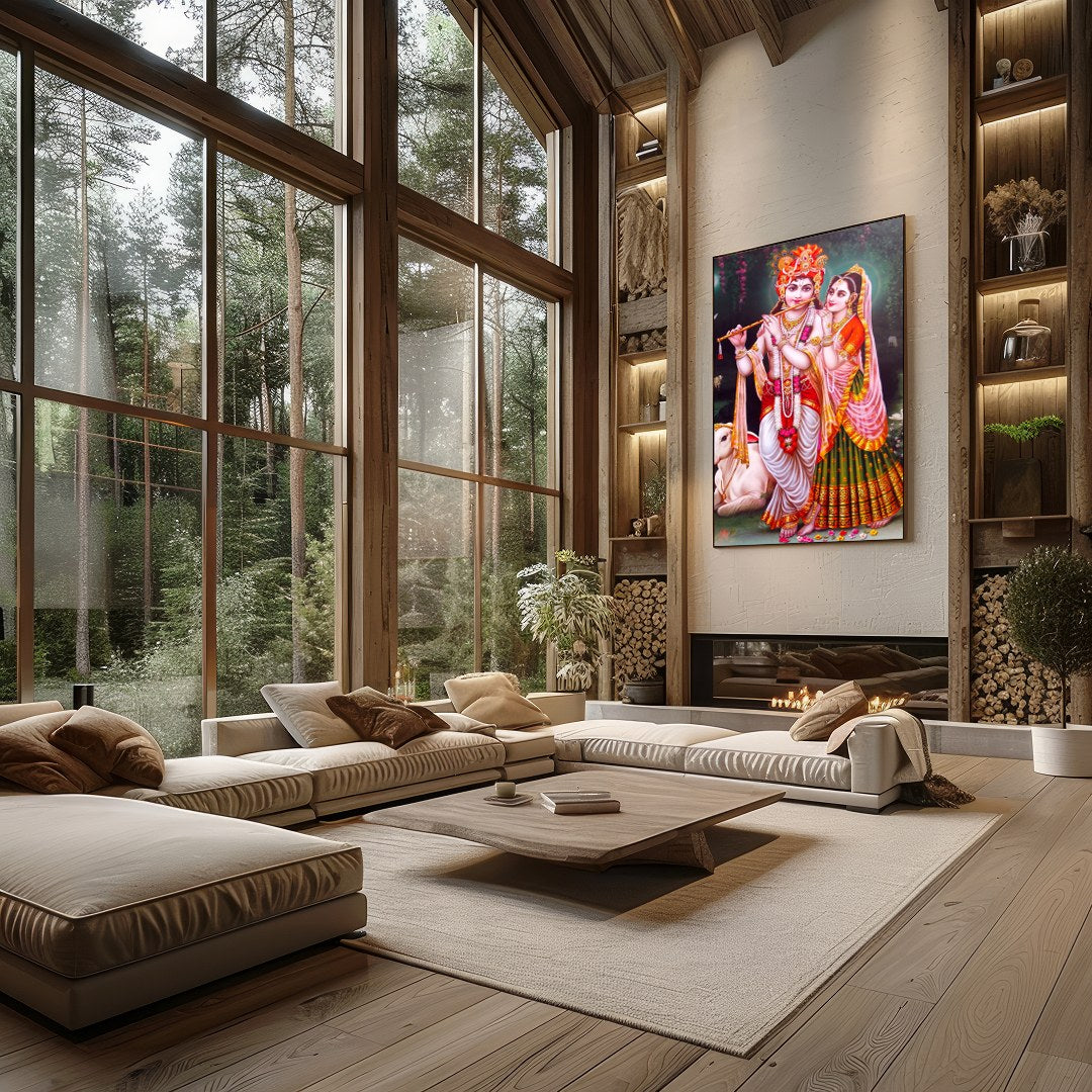 Immerse yourself in the serenity of this vibrant depiction of Krishna and Radha set against a for Living Room