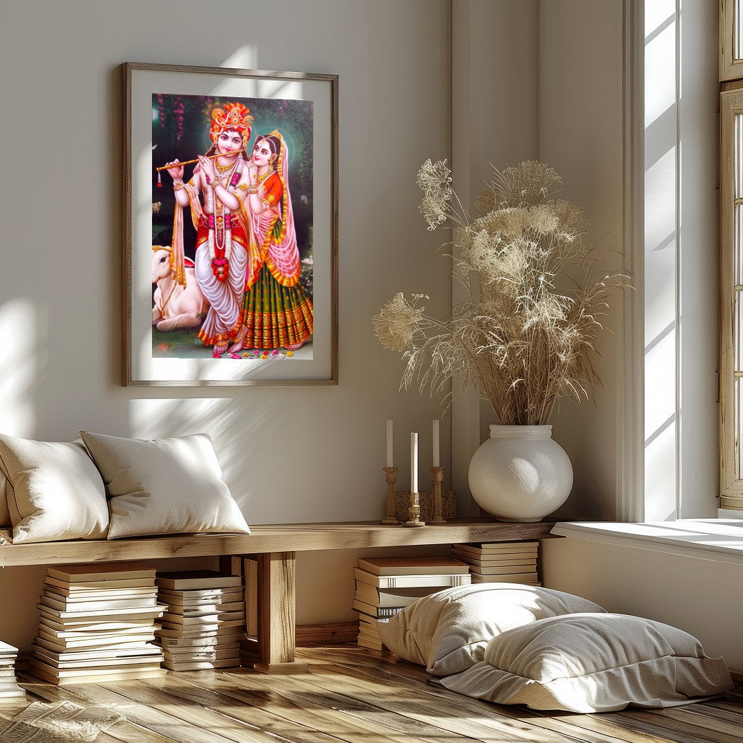Immerse yourself in the serenity of this vibrant depiction of Krishna and Radha set against a for living-space