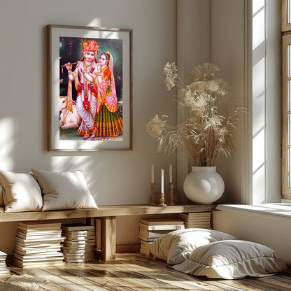 Immerse yourself in the serenity of this vibrant depiction of Krishna and Radha set against a for living-space