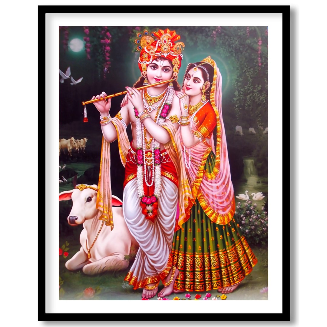 Immerse yourself in the serenity of this vibrant depiction of Krishna and Radha set against a for lovely-house