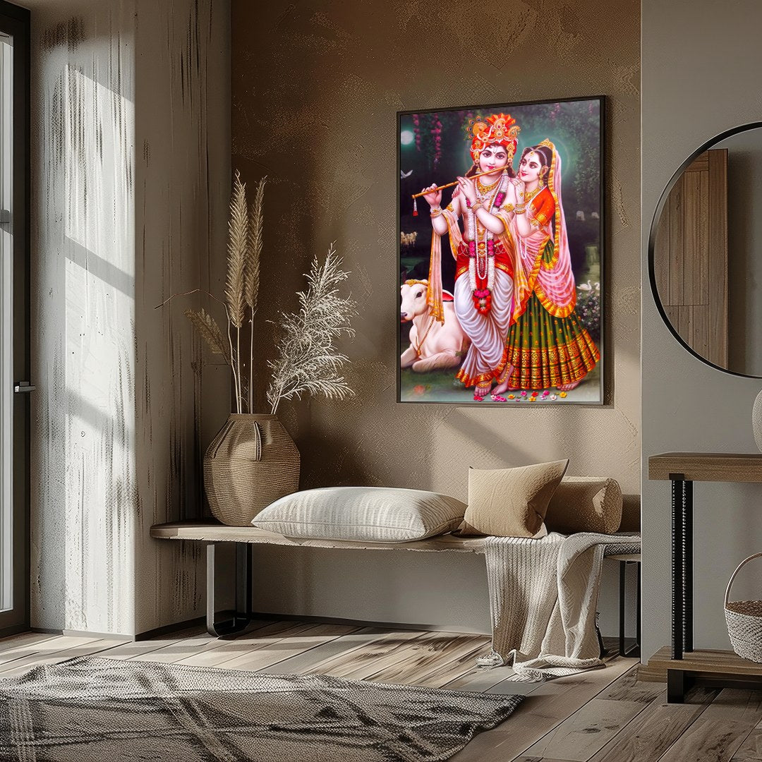 Immerse yourself in the serenity of this vibrant depiction of Krishna and Radha set against a for office
