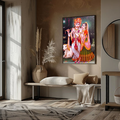 Immerse yourself in the serenity of this vibrant depiction of Krishna and Radha set against a for office
