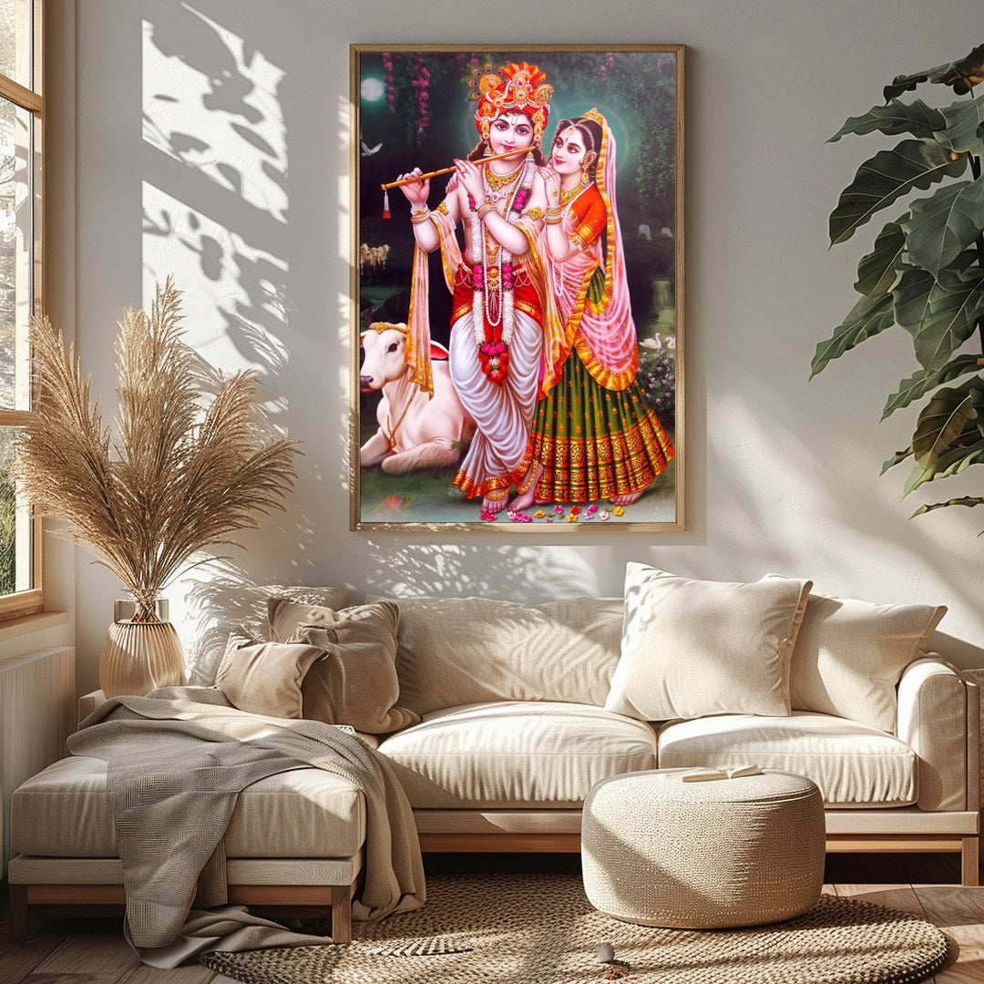 Immerse yourself in the serenity of this vibrant depiction of Krishna and Radha set against a for Sitting Area
