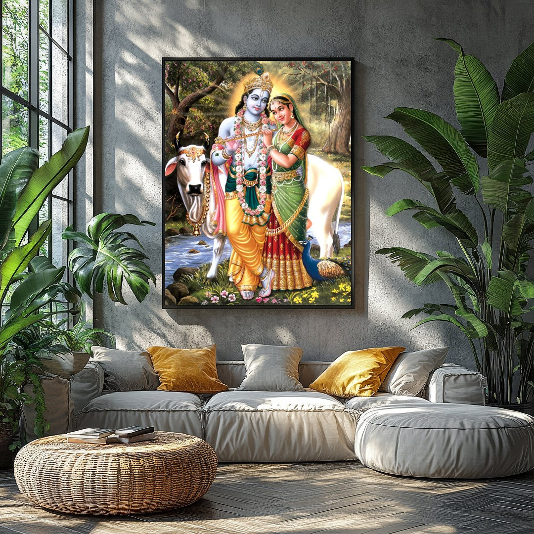 This exquisite artwork captures the serene beauty of Krishna and Radha in a lush, natural setting. for Balcony