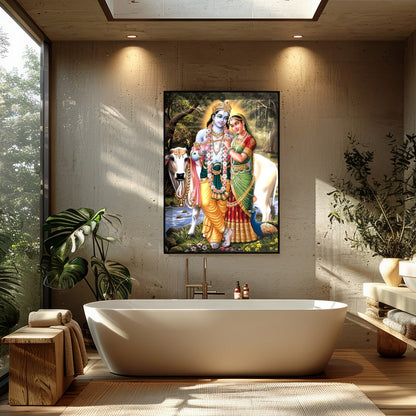 This exquisite artwork captures the serene beauty of Krishna and Radha in a lush, natural setting. for Bathroom