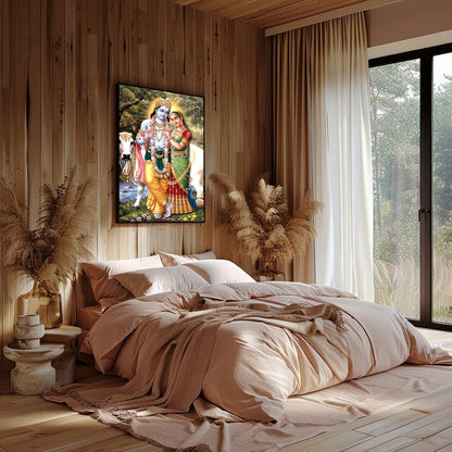 This exquisite artwork captures the serene beauty of Krishna and Radha in a lush, natural setting. for Bedroom
