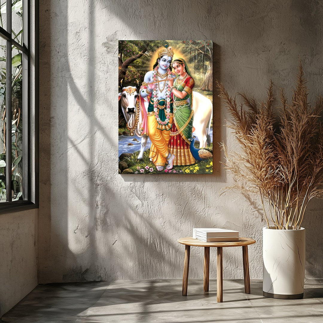 This exquisite artwork captures the serene beauty of Krishna and Radha in a lush, natural setting. for Entrance
