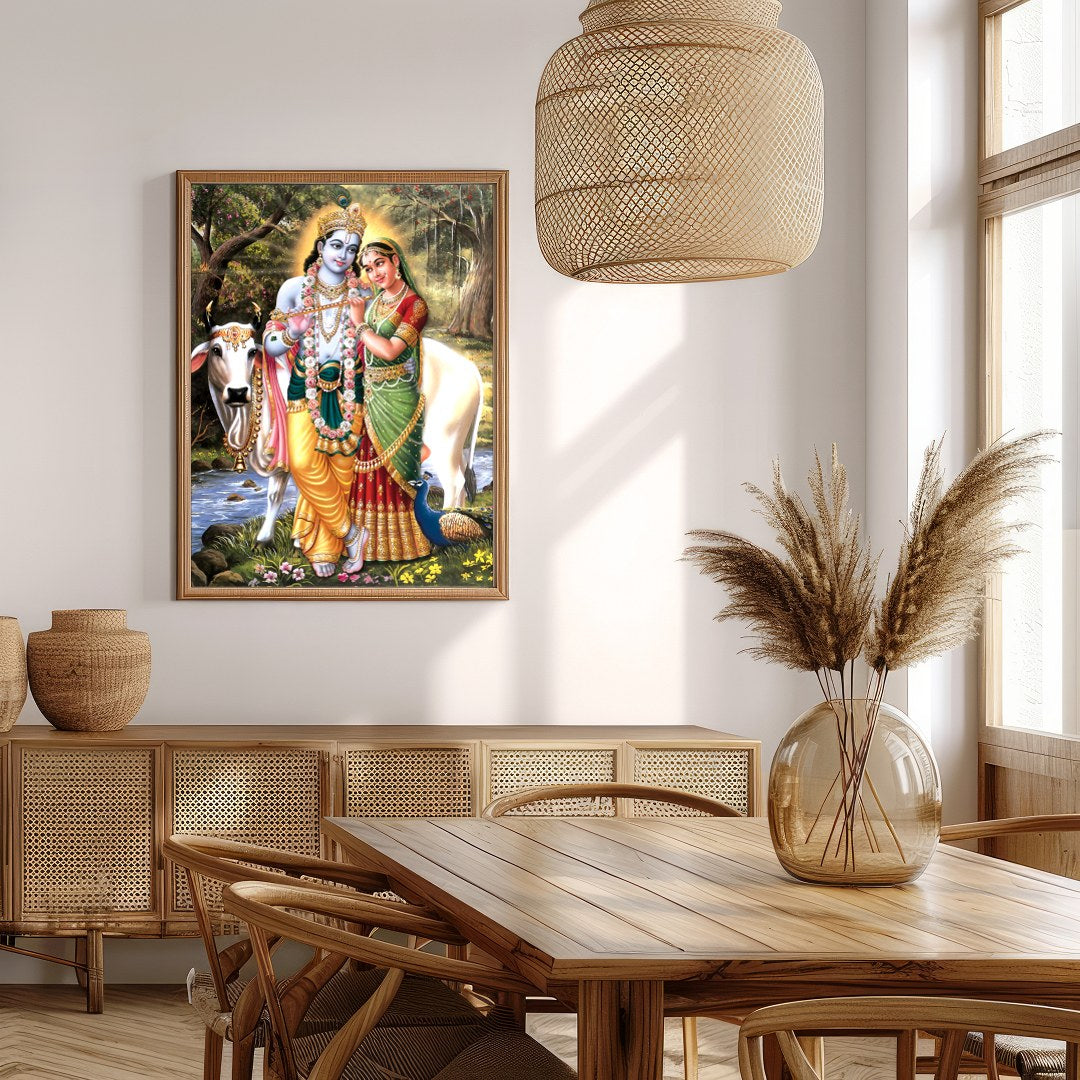 This exquisite artwork captures the serene beauty of Krishna and Radha in a lush, natural setting. for Extra Kitchen