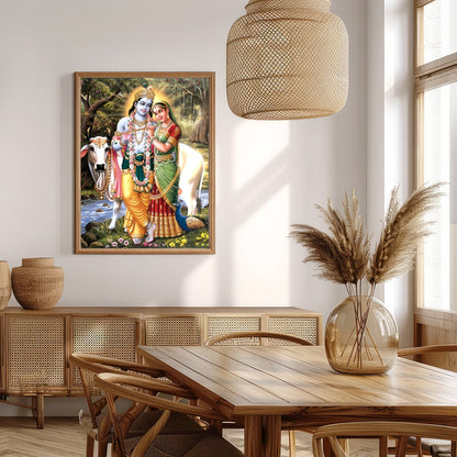 This exquisite artwork captures the serene beauty of Krishna and Radha in a lush, natural setting. for Extra Kitchen