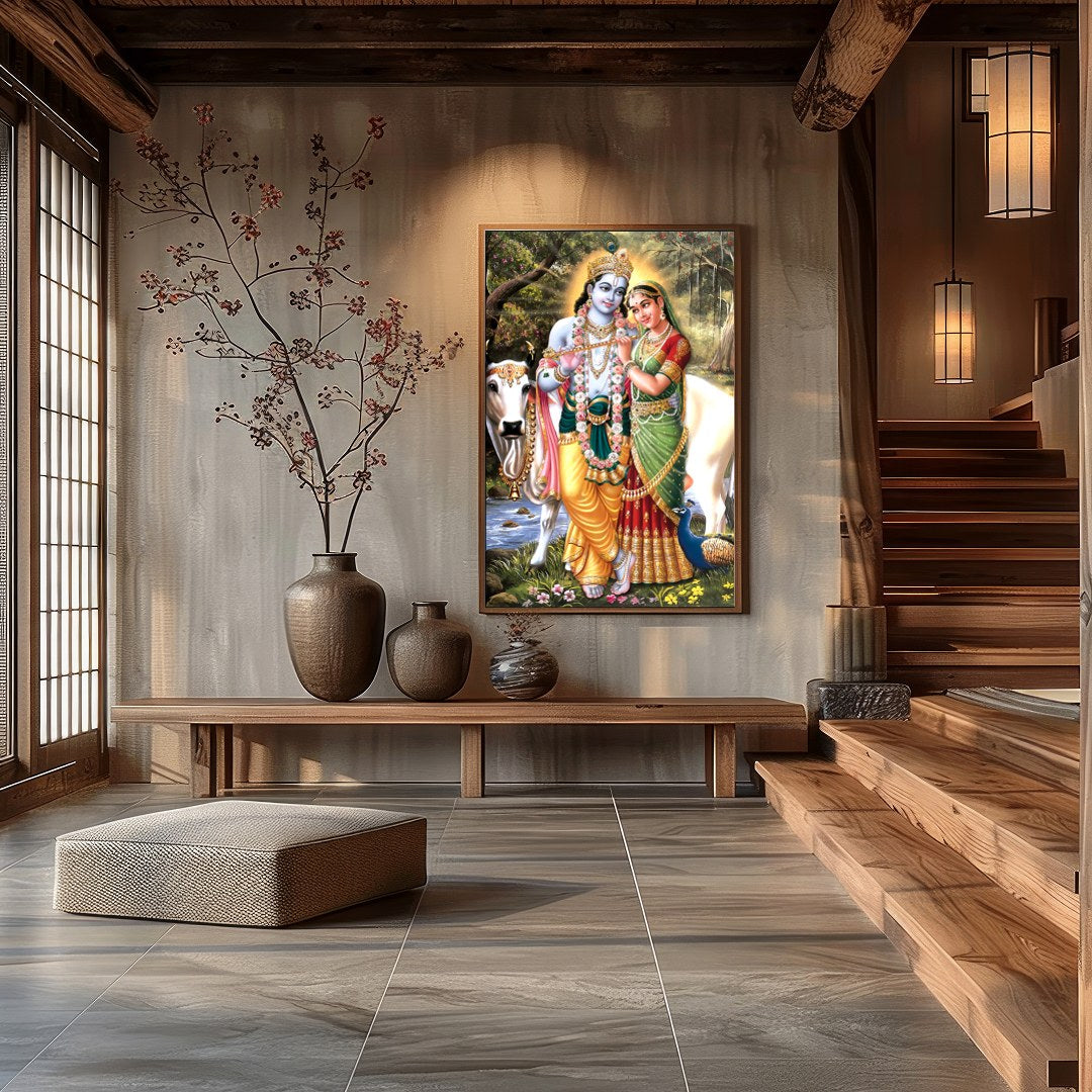 This exquisite artwork captures the serene beauty of Krishna and Radha in a lush, natural setting. for Hall