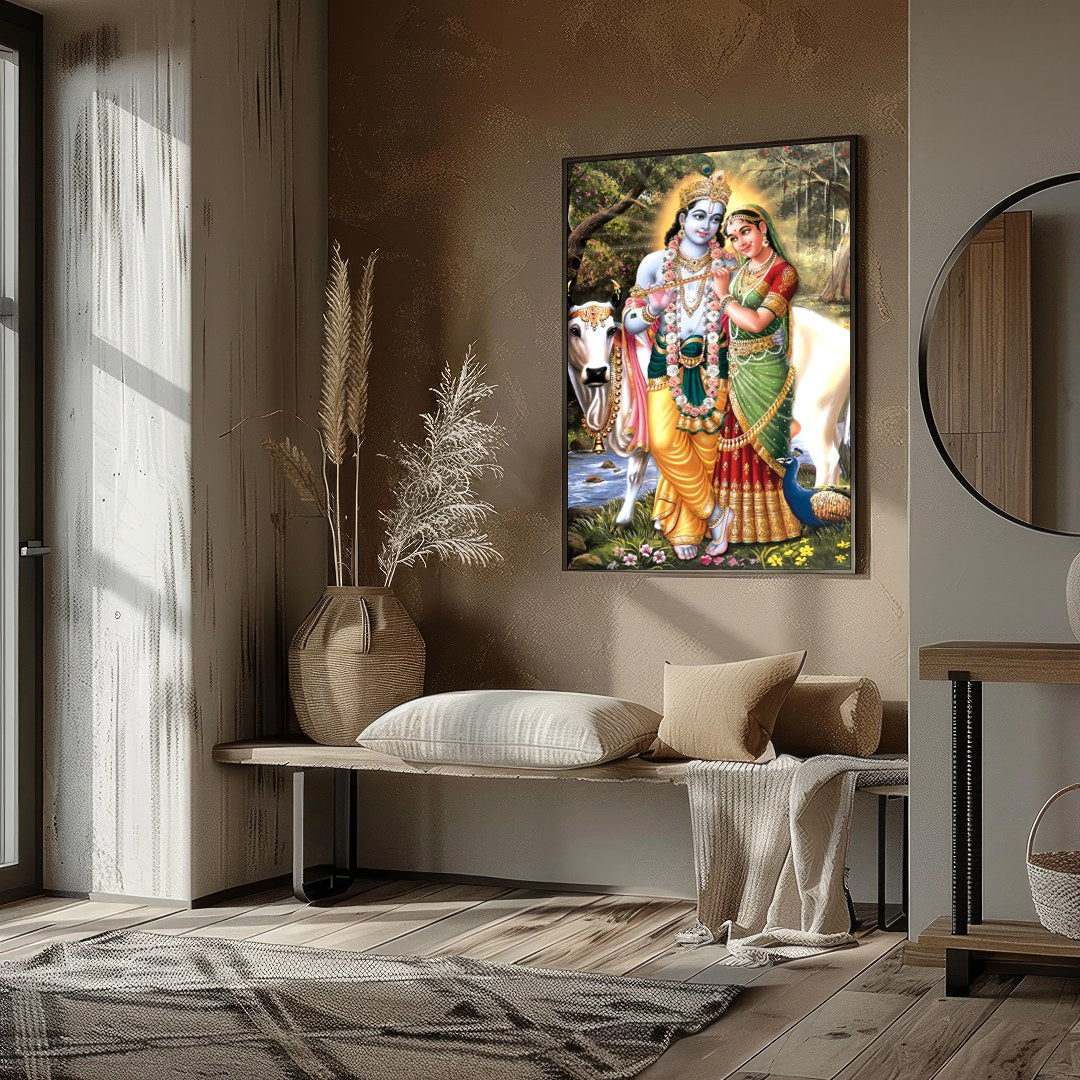 This exquisite artwork captures the serene beauty of Krishna and Radha in a lush, natural setting. for house