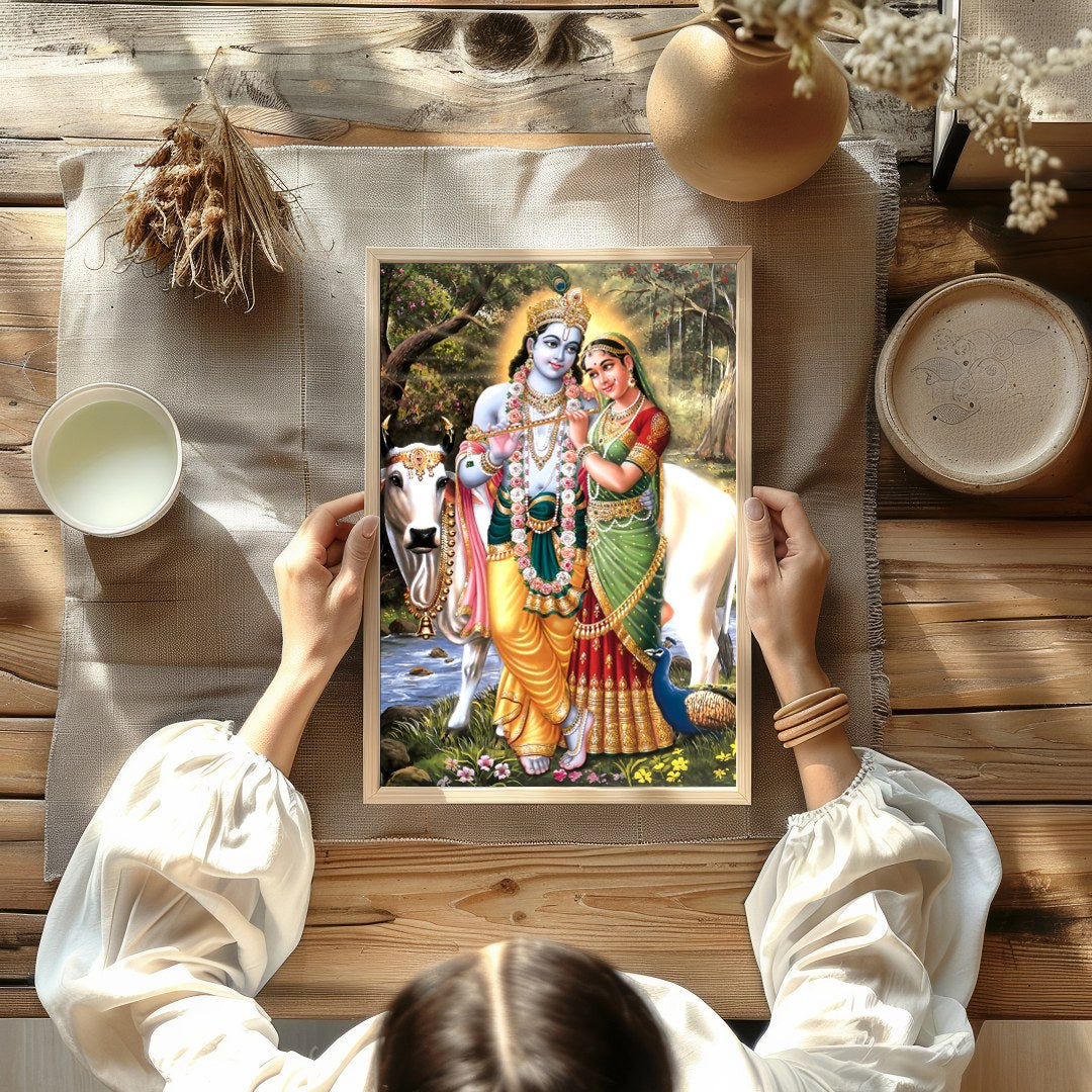 This exquisite artwork captures the serene beauty of Krishna and Radha in a lush, natural setting. for Kitchen