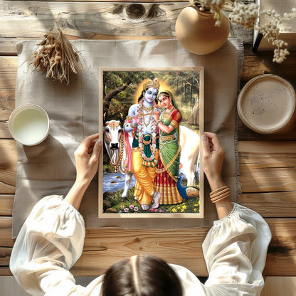 This exquisite artwork captures the serene beauty of Krishna and Radha in a lush, natural setting. for Kitchen