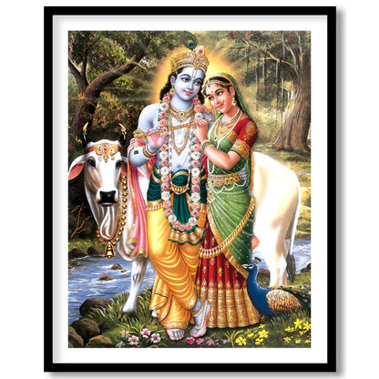 This exquisite artwork captures the serene beauty of Krishna and Radha in a lush, natural setting. for nook