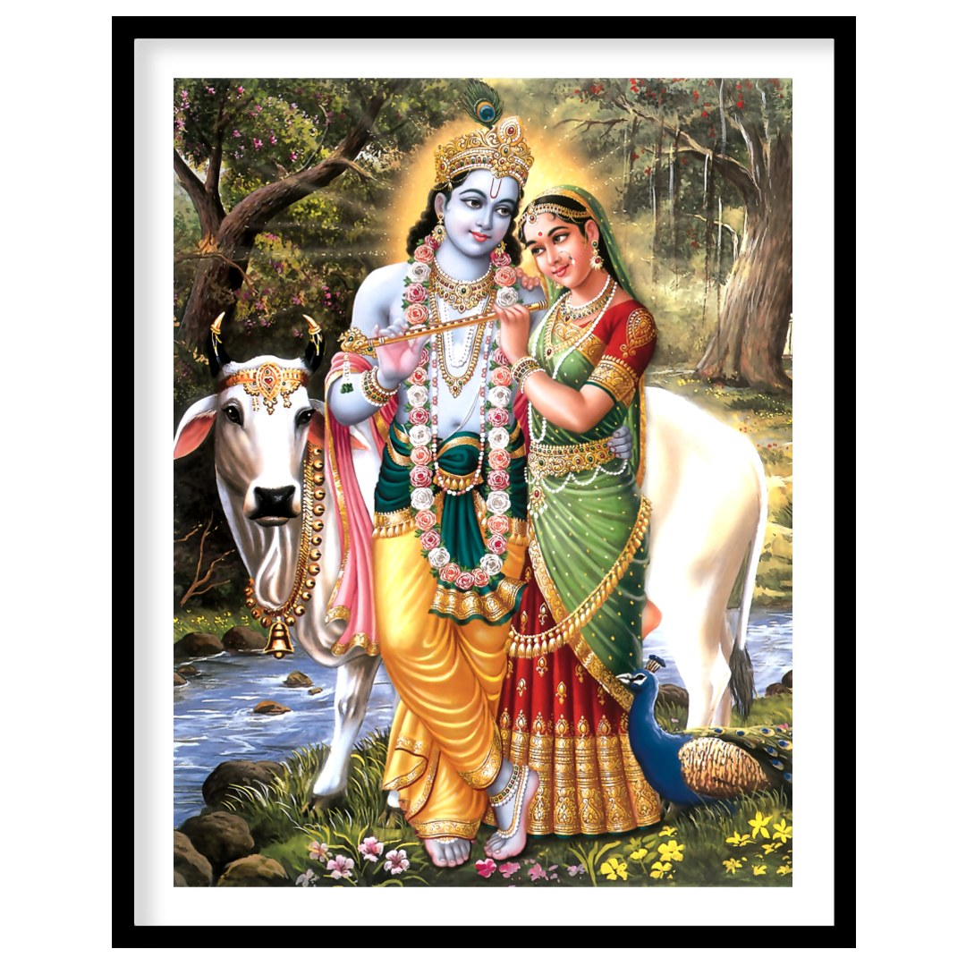 This exquisite artwork captures the serene beauty of Krishna and Radha in a lush, natural setting. for nook