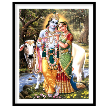 This exquisite artwork captures the serene beauty of Krishna and Radha in a lush, natural setting. for nook