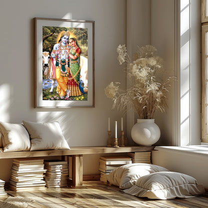 This exquisite artwork captures the serene beauty of Krishna and Radha in a lush, natural setting. for residence
