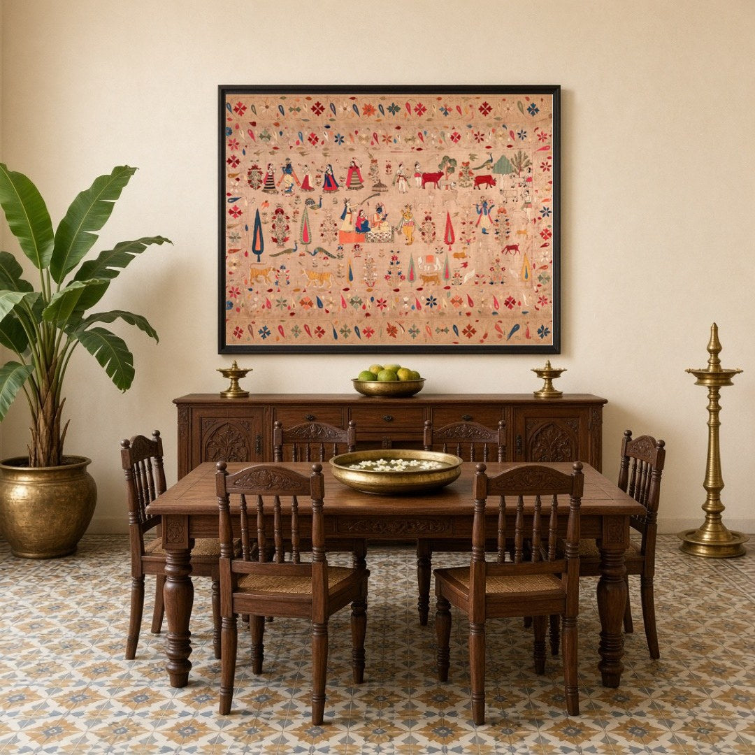 Experience a tapestry of devotion and grandeur with this exquisite art print depicting Krishna, for Dining