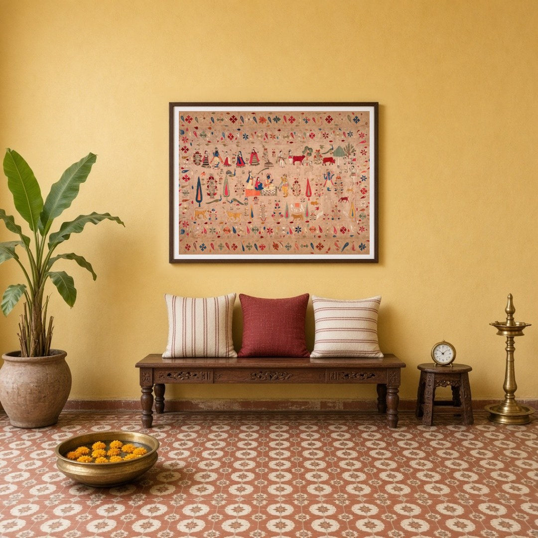 Experience a tapestry of devotion and grandeur with this exquisite art print depicting Krishna, for Entrance